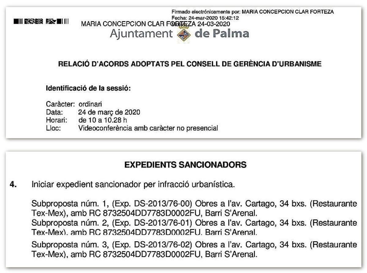 Resolución del Ayuntamiento de Palma sobre los tres expedientes sancionadores por infracciones urbanísticas en el edificio.