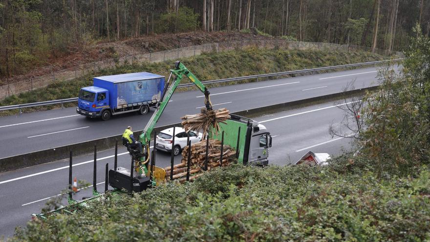 Un camión cargado de madera vuelca en la AP-9 en Barro