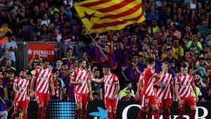 El Girona celebra un tanto anotado en el Camp Nou la temporada 2018/19