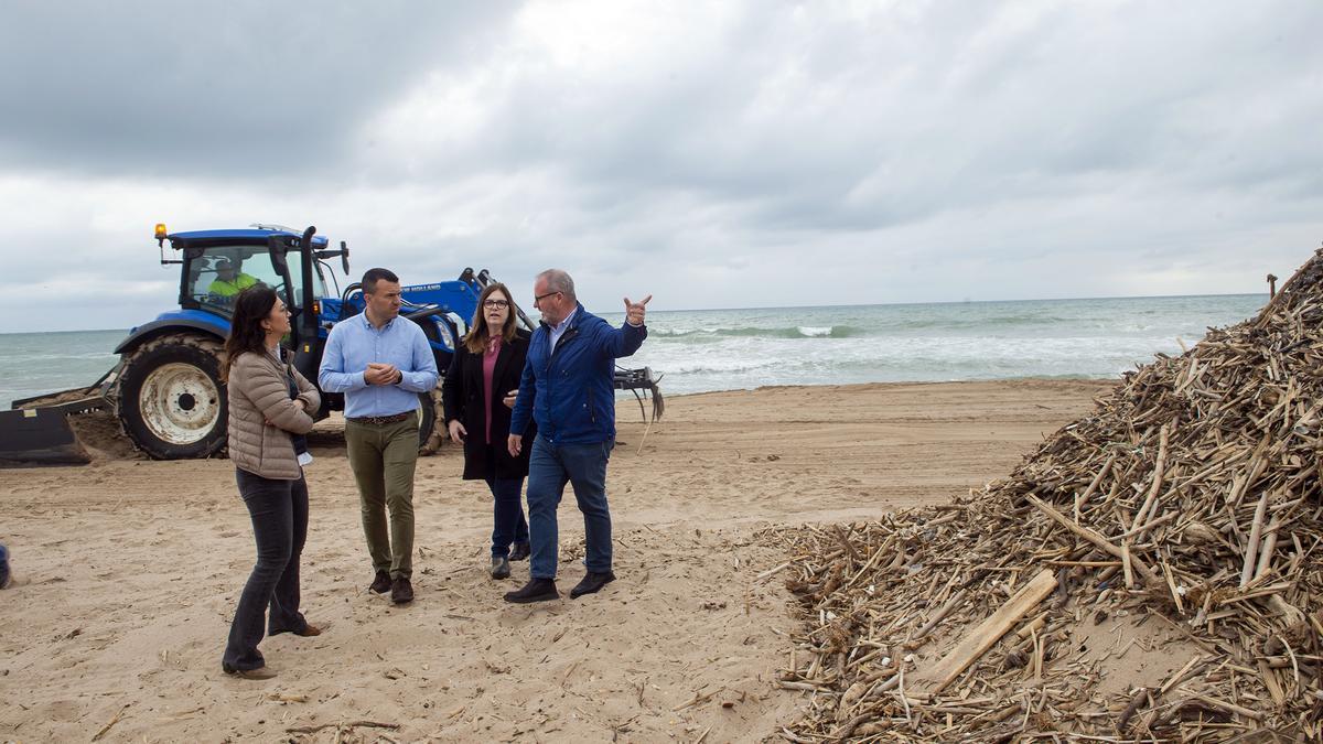 El presidente de la Diputación de València, Vicent Mompó, y el diputado de Medio Ambiente, Avelino Mascarell, junto a Encar Mifsud, concejala del gobierno, y Eva Palomares, portavoz del PP, ayer en la playa de Tavernes.
