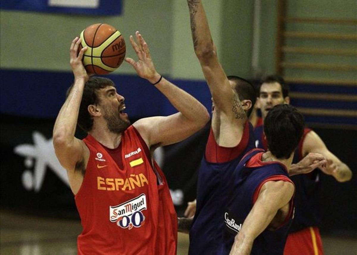 El pivot Marc Gasol, durant un entrenament de la selecció espanyola. El pivot Marc Gasol, durant un entrenament de la selecció espanyola.