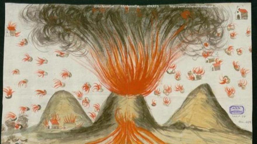 Dibujo a color en el que se muestra la erupción del volcán de San Antonio, en La Palma.