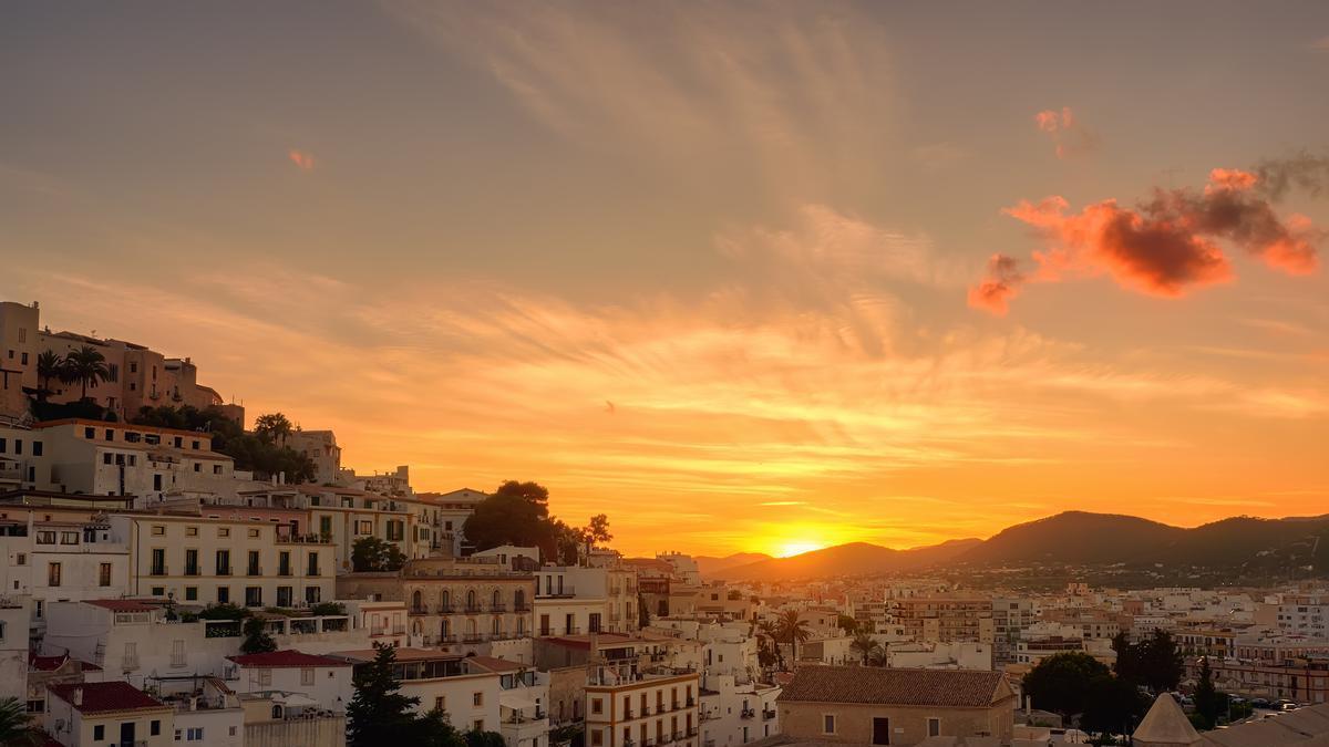 Sunset from the viewpoint of the ancient city of Dalt Vila in Ibiza.