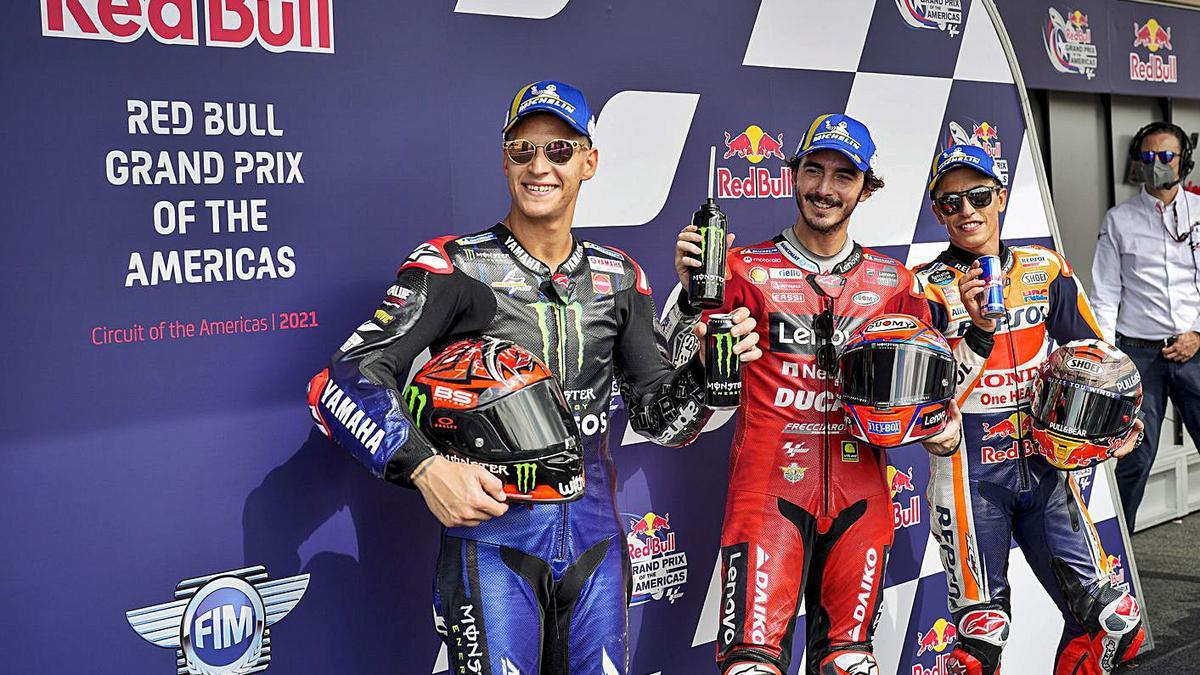 Els tres primers classificats de la cursa: Quartararo, Bagnaia i Márquez. | EUROPA PRESS