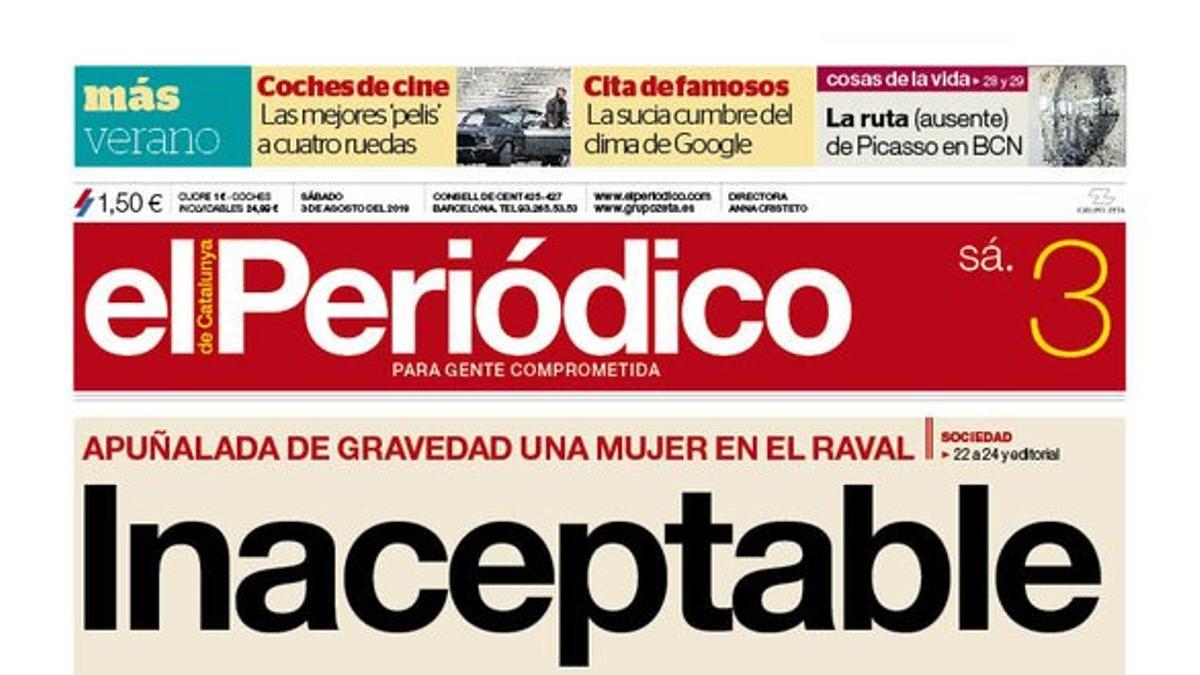 La portada de EL PERIÓDICO del 3 de agosto del 2019