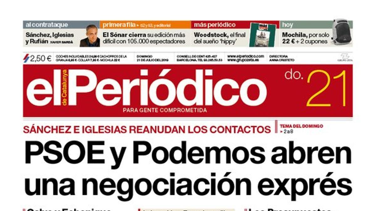 La portada de EL PERIÓDICO del 21 de julio del 2019