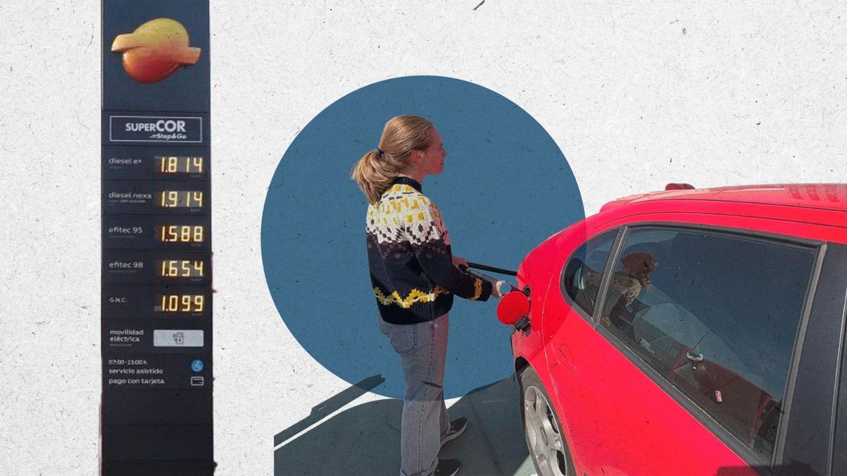 Una infografía de una gasolinera, con una cliente respostando