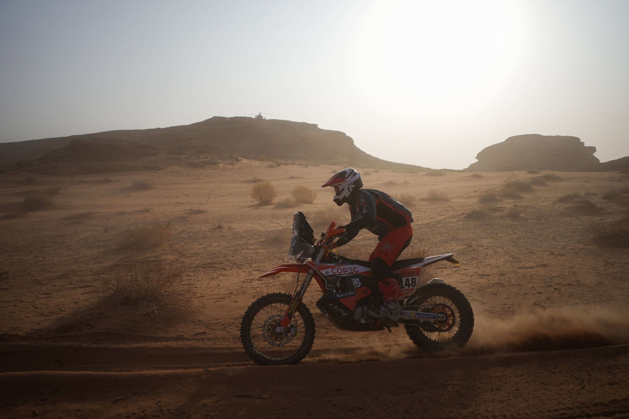 Rider Tomas De Gavardo competes during the third stage of the Dakar Rally with a start and finish in Alula, Saudi Arabia, Tuesday, Jan. 6, 2026. (AP Photo/Thibault Camus)