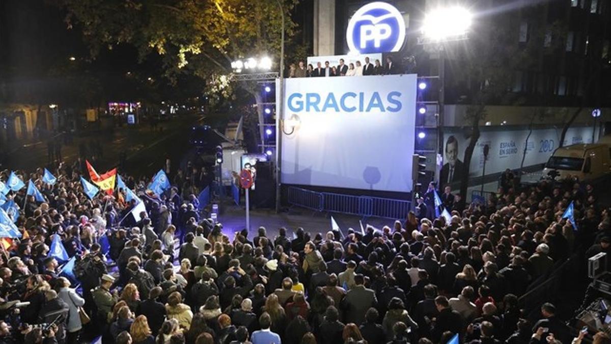 Ambiente en la sede nacional del PP, en la madrileña calle Génova.