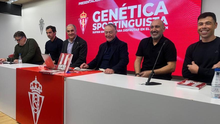 Por la izquierda, José Ramón Rodríguez, Miguel de las Cuevas, Joaquín Alonso, Gerardo Ruiz, Abelardo Fernández y Javi Fuego, ayer, en El Molinón. |