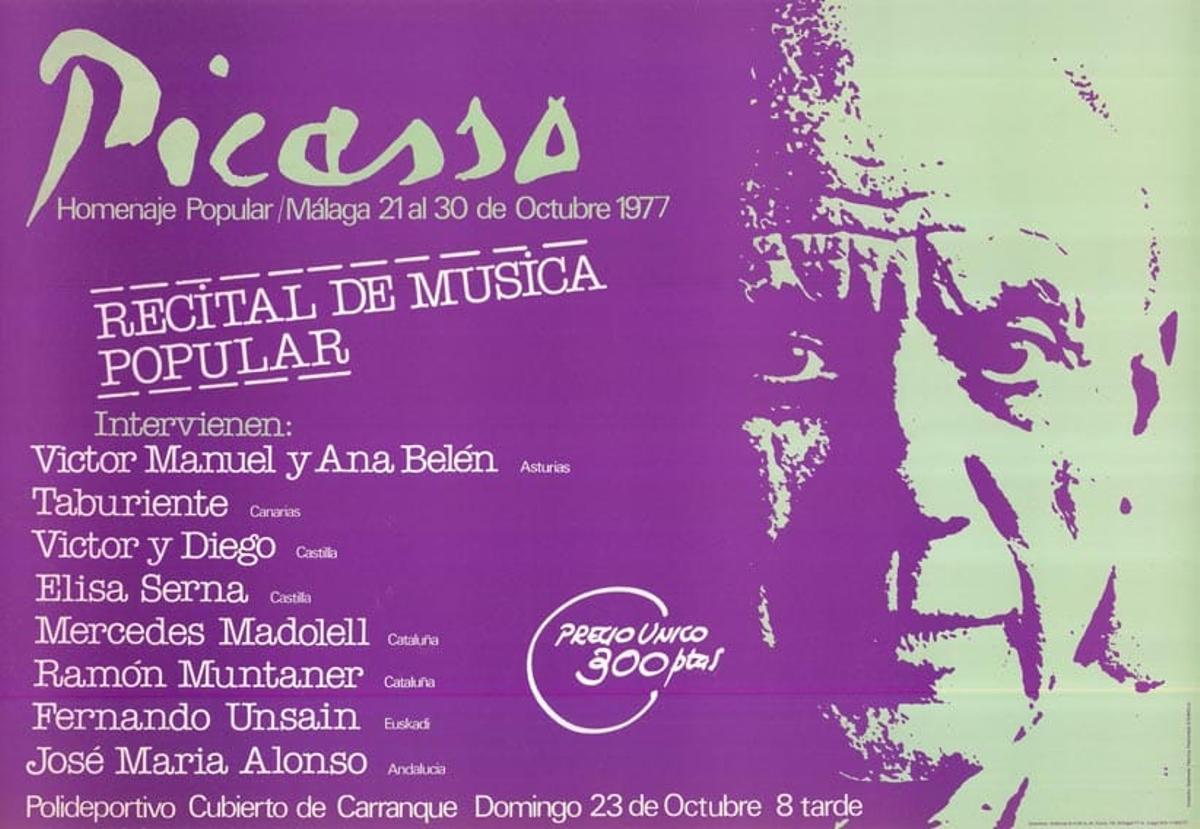 Cartel del recital homenaje a Picasso, en octubre de 1977, en el pabellón cubierto de Carranque.