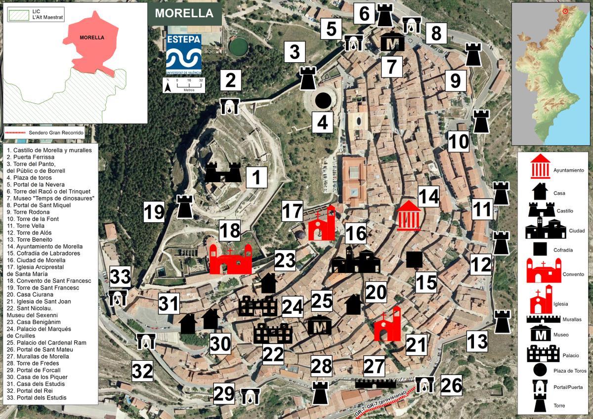 Mapa de ubicación de los elementos de interés de Morella.