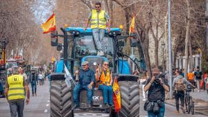 Varios agricultores subidos a un tractor durante una nueva jornada de protestas de agricultores y ganaderos, a 17 de marzo de 2024, en Madrid (España).