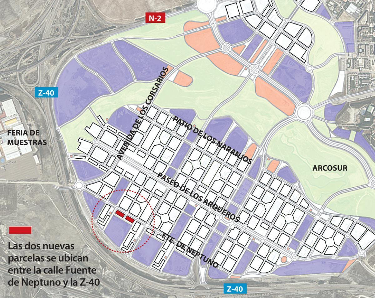 Ubicación de las dos parcelas que el Ayuntamiento de Zaragoza ha puesto a la venta en Arcosur.