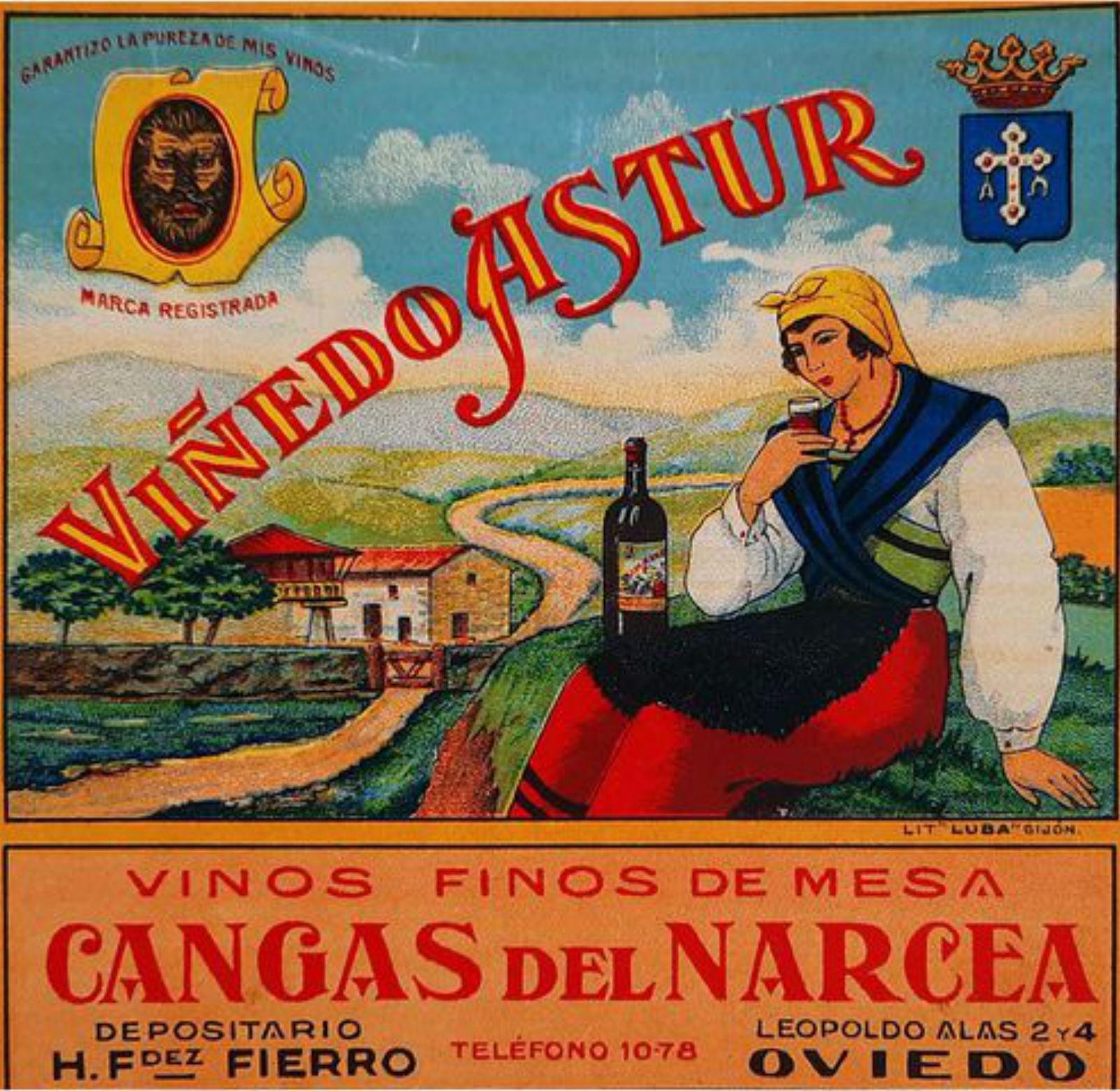 Etiqueta de vino de Cangas hacia el año 1930, hecha en Litografía Luba. Gijón. | Colección de fotos del Muséu del Pueblu d’Asturies.