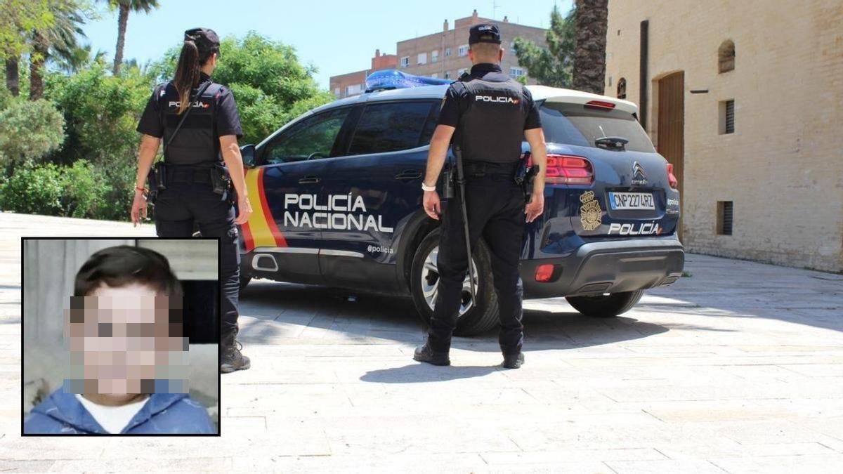 Agentes de la Policía Nacional; en la foto pequeña, el niño desaparecido.