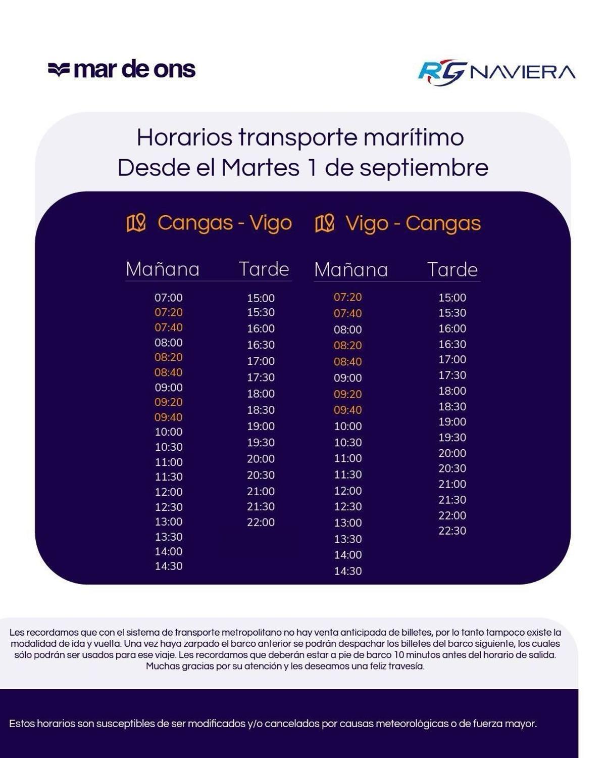 Horarios del transporte de ría entre Vigo y Cangas desde el martes 1 de septiembre de 2026