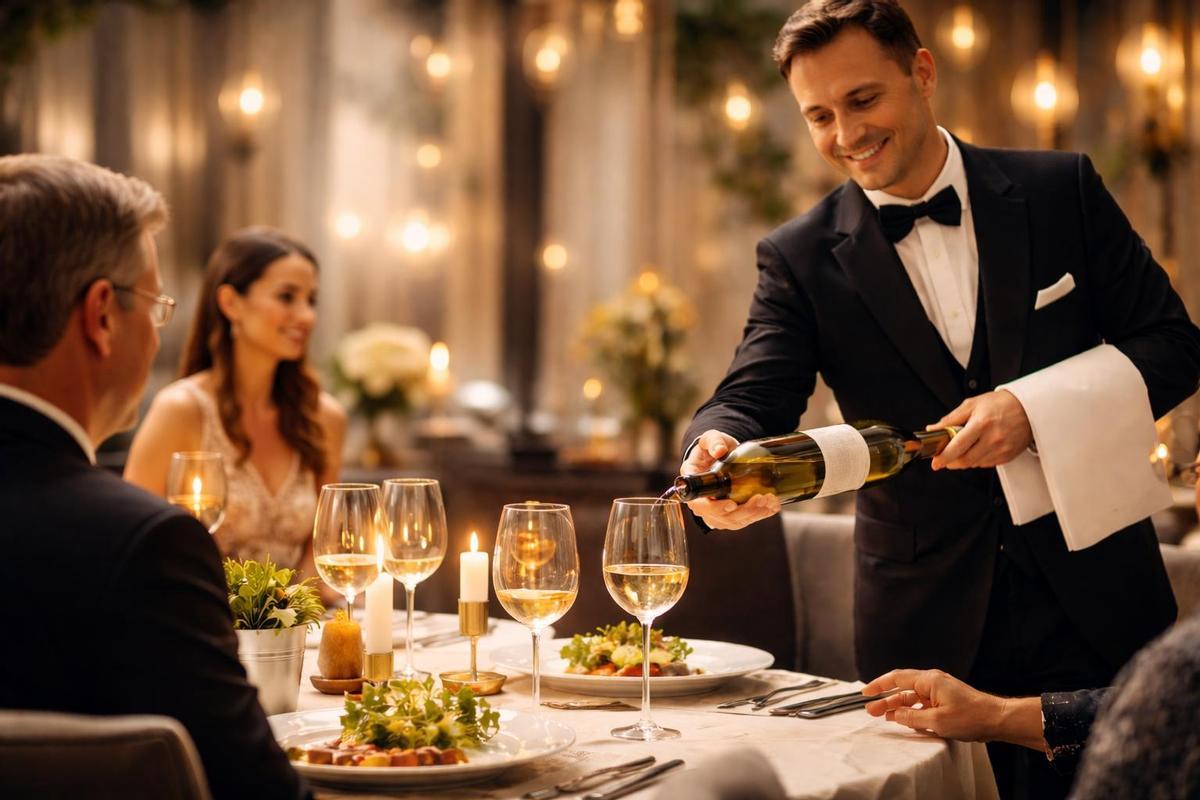 Cena elegante en restaurante de lujo.