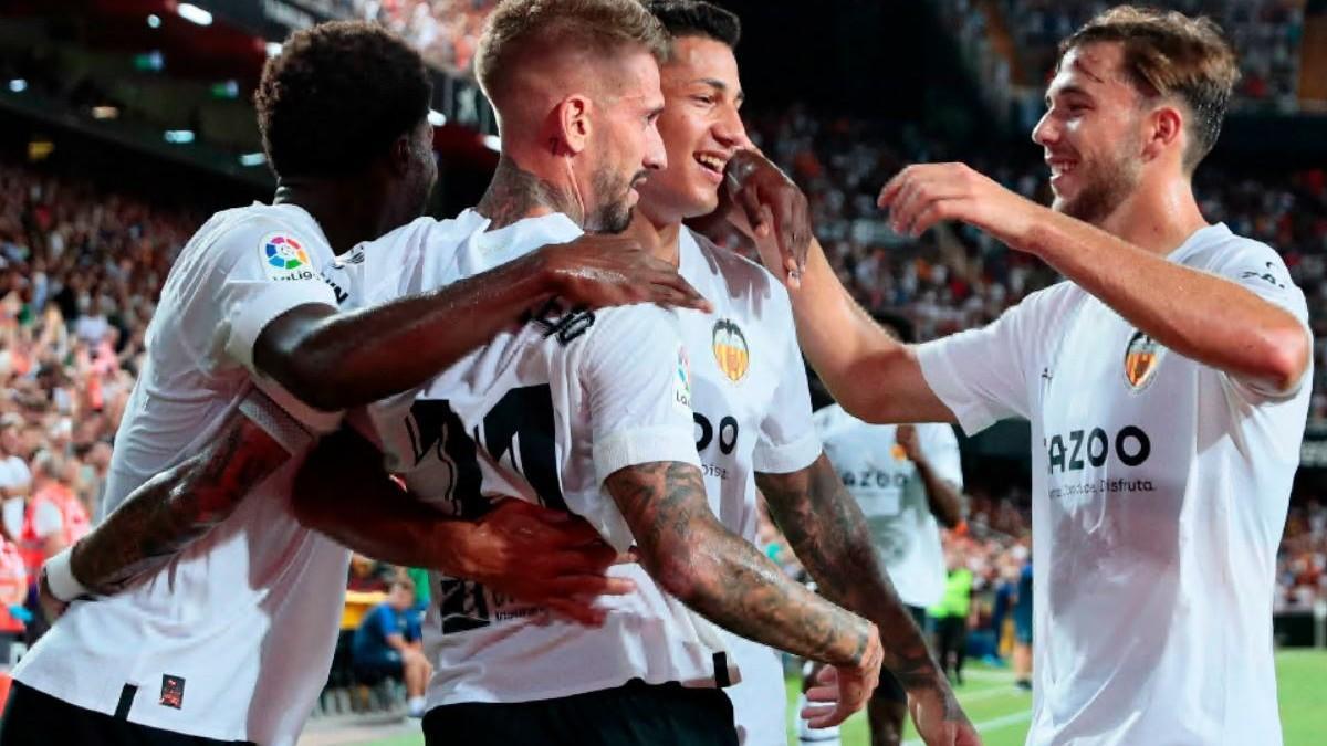 El Valencia celebra uno de sus goles ante el Getafe