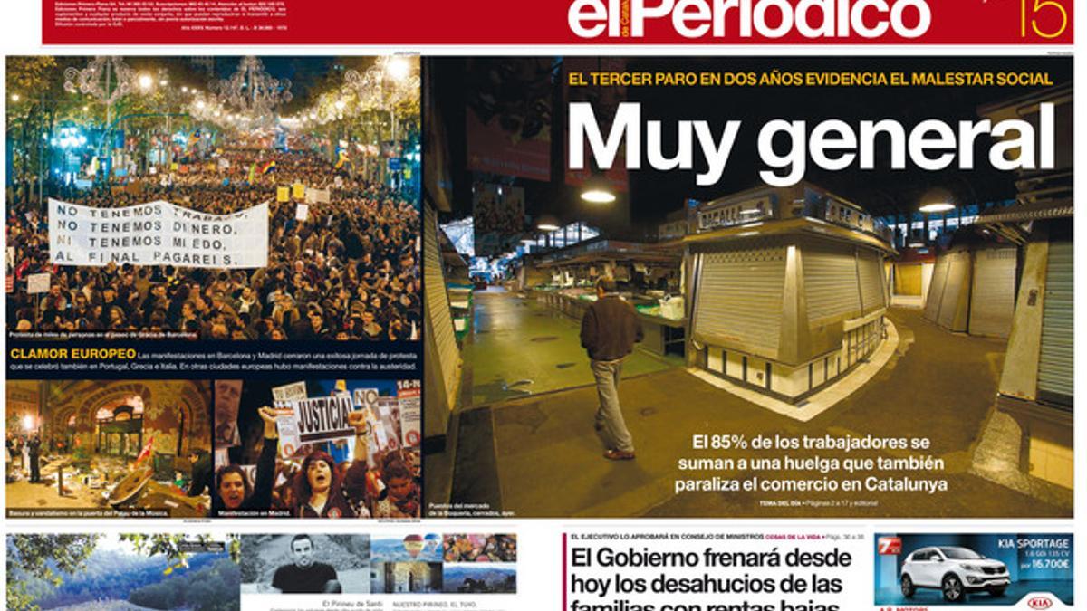 La portada de EL PERIÓDICO (15-11-2012).