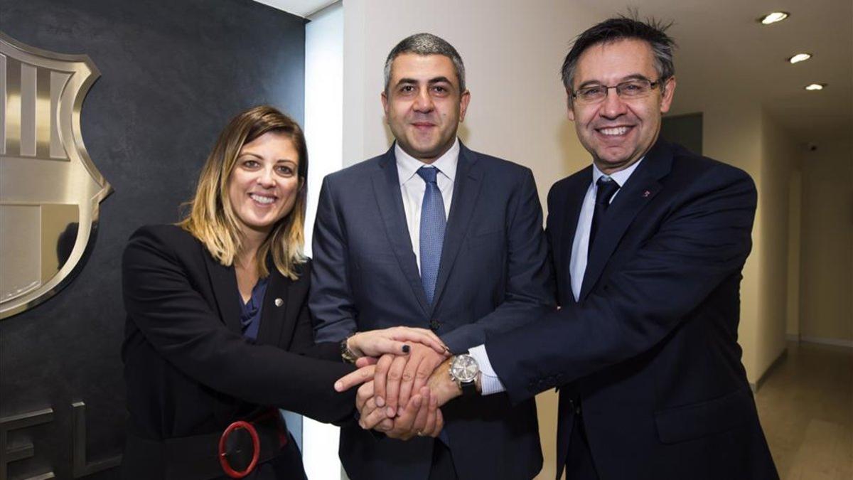 Marta Plana, Zurab Pololikashvili y Josep Maria Bartomeu