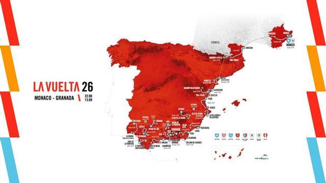 Mapa oficial del recorrido de La Vuelta 26, con salida el 22 de agosto en Mónaco y llegada a Granada el 13 de septiembre