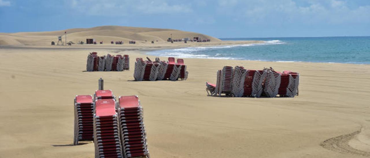 Imagen de la playa de Maspalomas con las dunas al fondo.