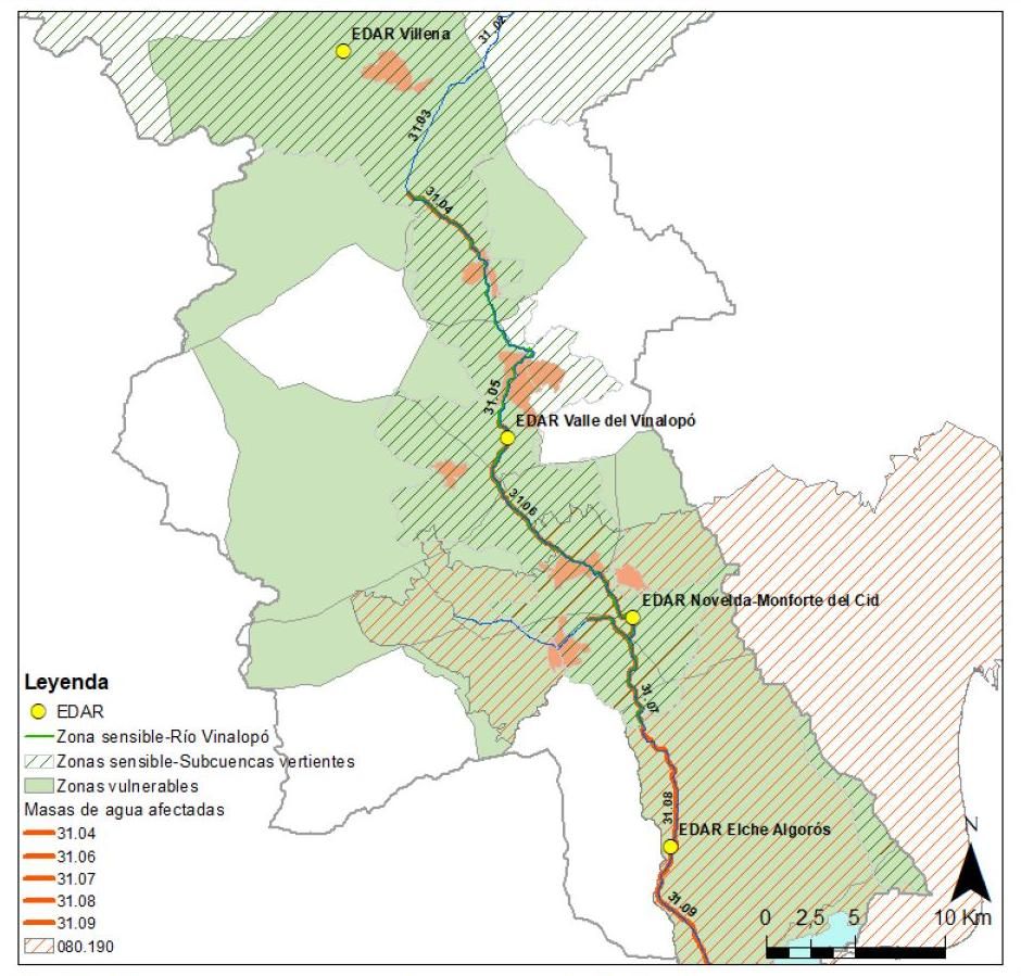 Mapa de las depuradoras donde se propone actuar para mejorar la calidad del agua del Vinalopó.