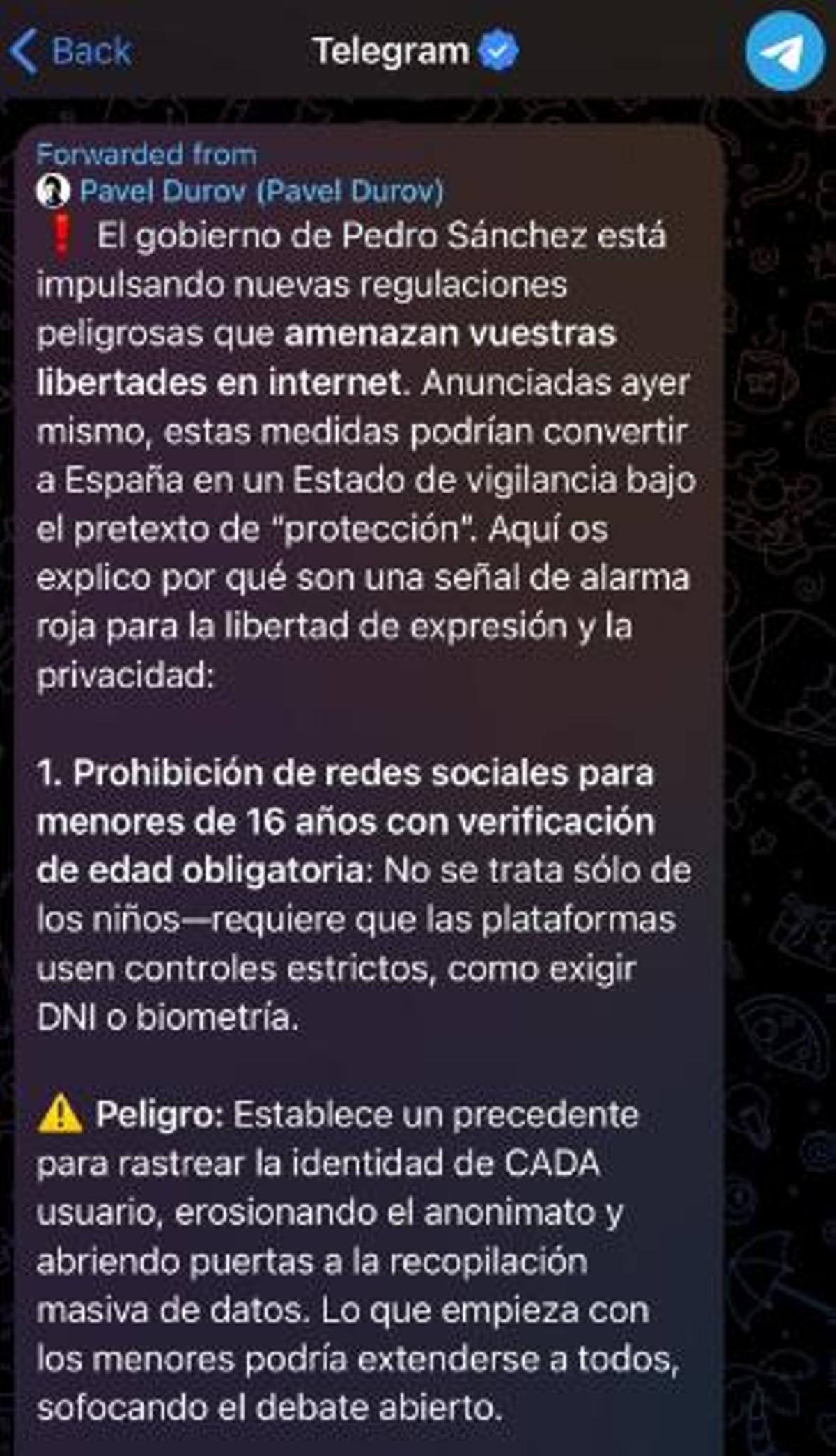 El mensaje lanzado por Pável Dúrov en Telegram contra el Gobierno de Pedro Sánchez.