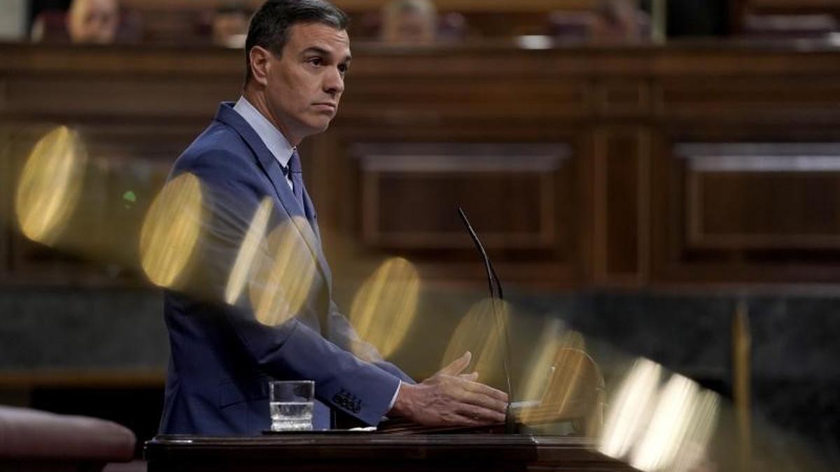 El presidente del Gobierno, Pedro Sánchez, durante su comparecencia en el Congreso para informar del último Consejo Europeo extraordinario y de las relaciones con Marruecos, este 8 de junio de 2022 en el Congreso.