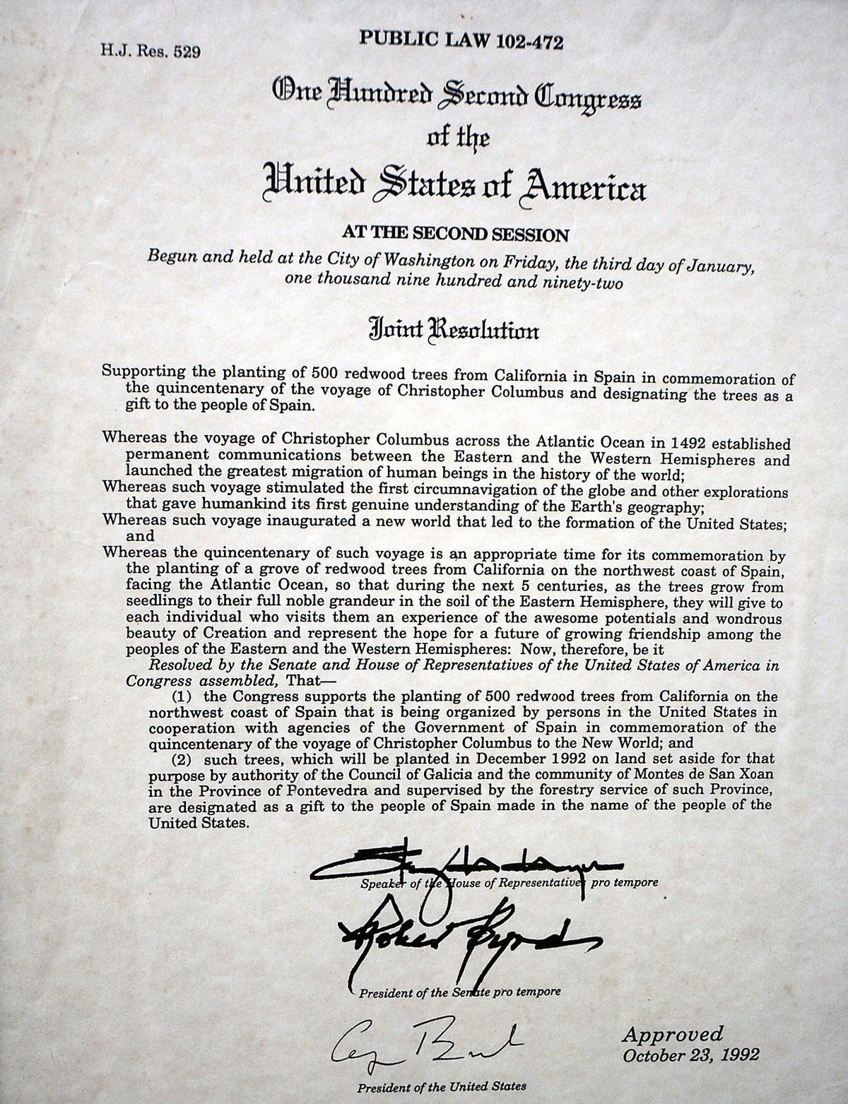 Resolución del Congreso de los EEUU con la firma de George Bush padre.