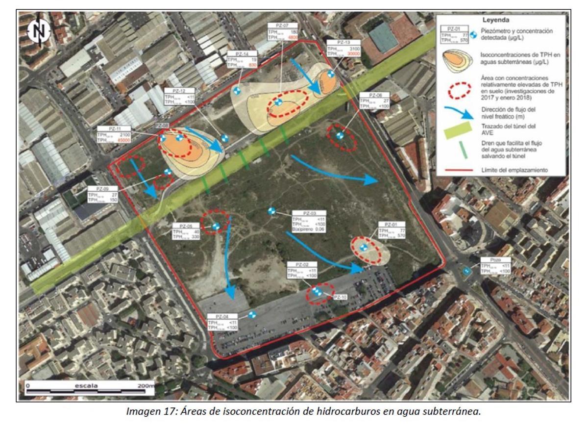 En rojo, áreas con contaminación elevada, del segundo informe encargado por el Ayuntamiento.