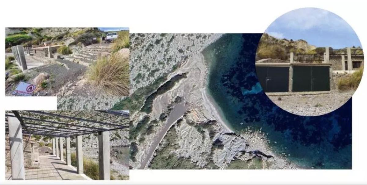 Kollage von Fotos der alten Bauten direkt an der Naturbucht Cala Castell