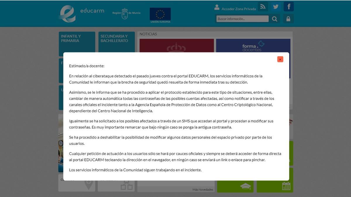 Mensaje a los docentes en el portal de Educarm