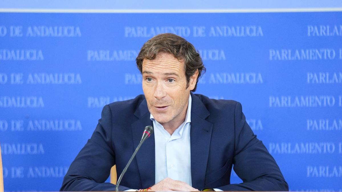 El portavoz del grupo parlamentario Vox, Javier Cortés, durante la ronda de ruedas de prensa de portavoces de los grupos parlamentarios en el Parlamento de Andalucía