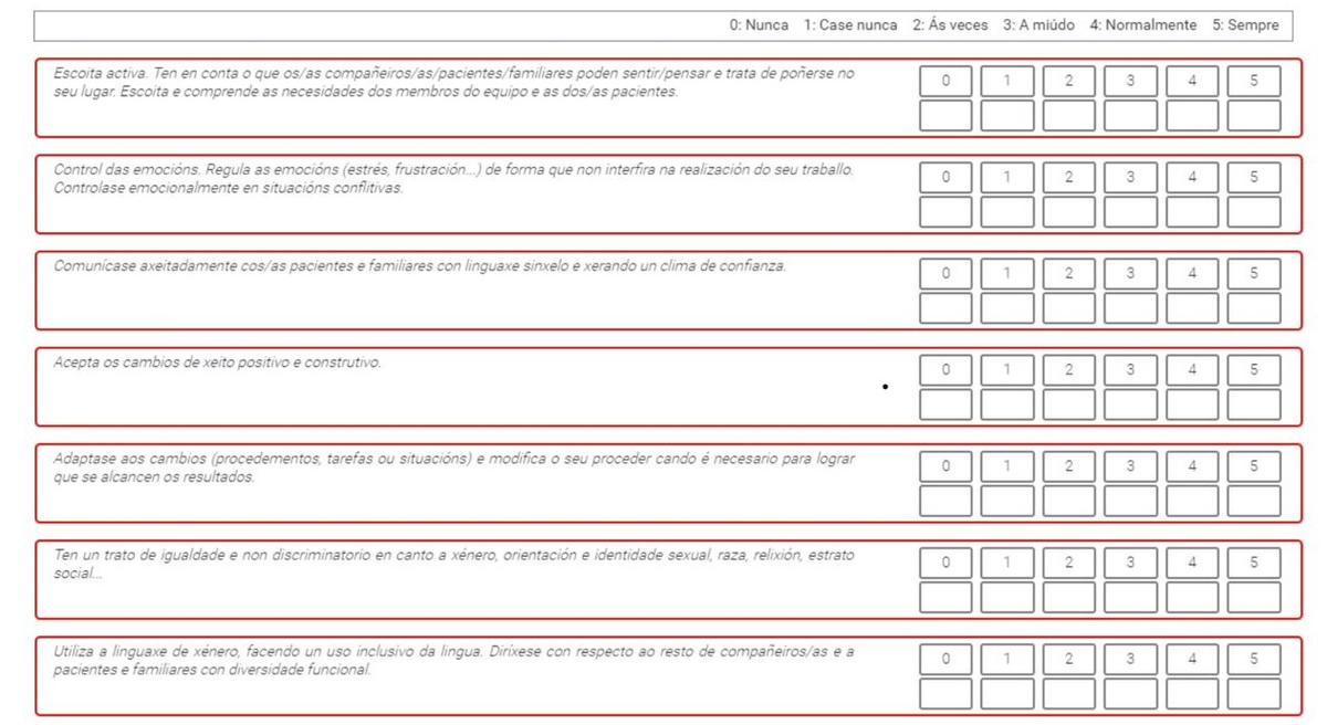 Algunas de las preguntas del test de valoración de competencias personales del Sergas, a las que ha podido acceder FARO.