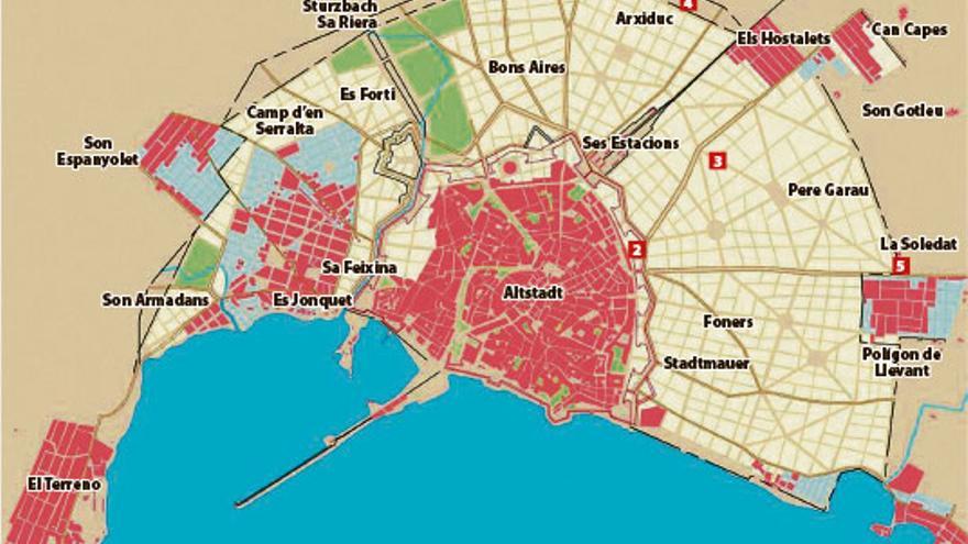 Palma 1901: Die Karte zeigt das Gebiet des Eixample, der laut dem Pla Calvet außerhalb der bisherigen Stadtmauern entstehen sollte.