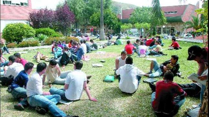 Futuros emprendedores. Estudiantes en los jardines de la Facultad de Económicas y Empresariales de Málaga. javier albiñana