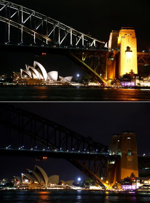 El Puente del Muelle de Sídney y el Opera House, antes y después del apagón.