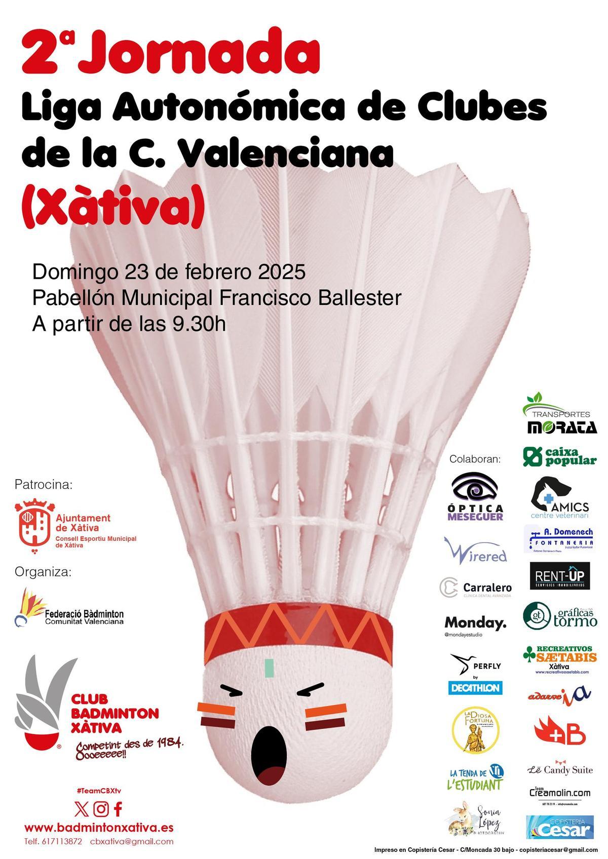 Cartel de la jornada de la liga de clubes de bádminton que se disputará en Xàtiva.
