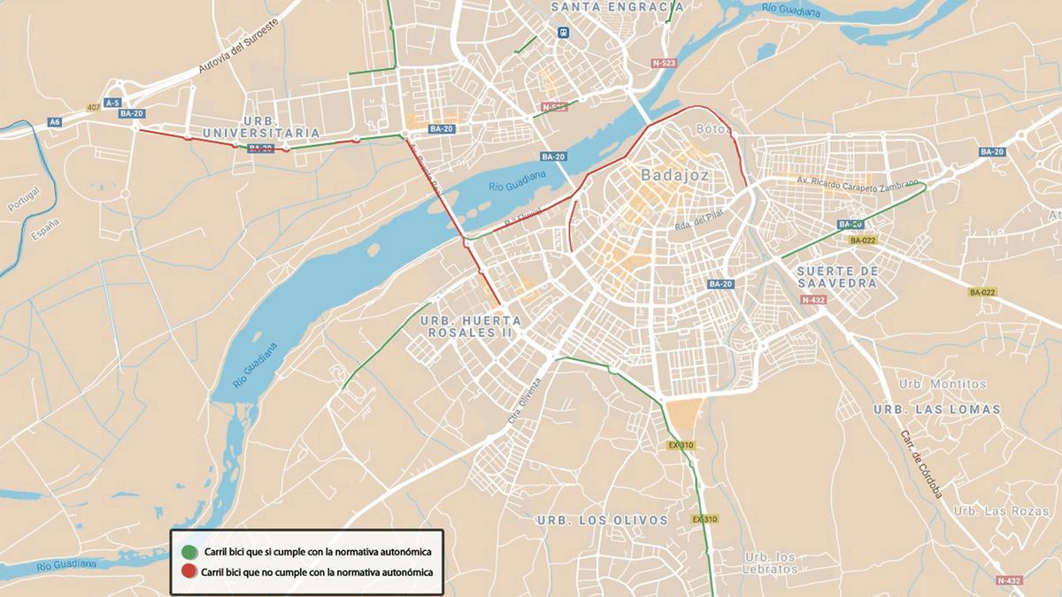 Mapa que muestra los tramos de carril bici que cumplen la normativa autonómica (en verde) y los que no (en rojo).