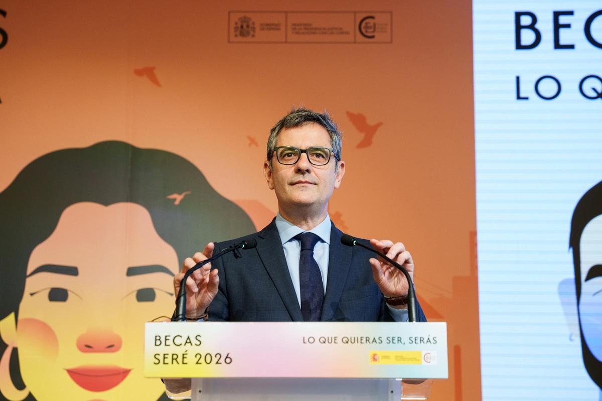 El ministro de la Presidencia, Justicia y Relaciones con las Cortes, Félix Bolaños, preside el acto de presentación de la nueva convocatoria de las becas SERÉ 2026