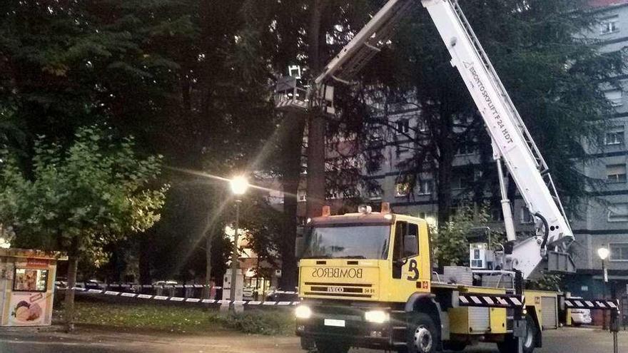 Los bomberos retiran una gran rama en el parque de Sama