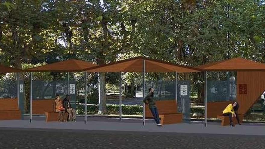 Imagen virtual de la propuesta de marquesina que la Xunta instalará en la parada de los buses comarcales prevista en la calle Entrejardines.