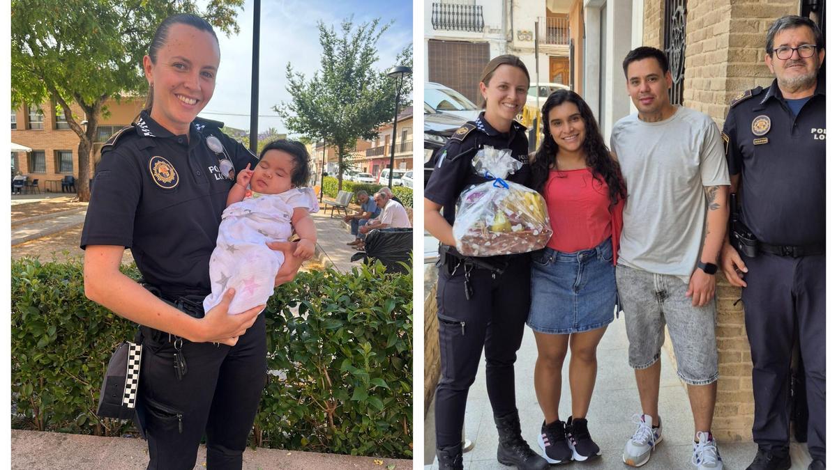 A la izquierda, Alexandra Moreno junto al bebe al que salvó al vida. A la derecha, con la familia y el jefe de la Policía Local de l'Alcúdia de Crespins.