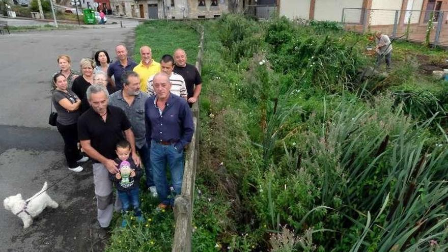 Un grupo de vecinos, ayer, junto al arroyo, tomado por la maleza.