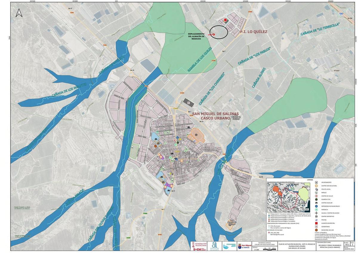 Mapa de riesgo de inundación de la zona en la que está ubicado el polígono con el punto en el que se ubica el solar para residuos