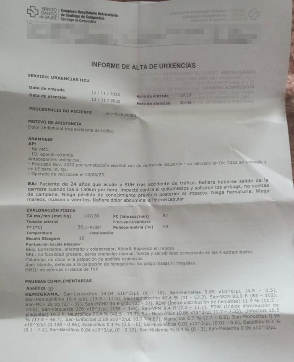 Parte de alta en Urgencias facilitado por la víctima del accidente el pasado jueves en la AP-9