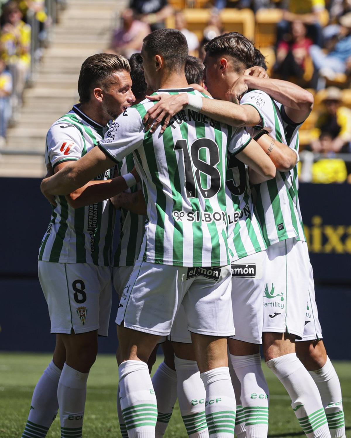 Los futbolistas del Córdoba CF celebran uno de sus goles ante el Cádiz.