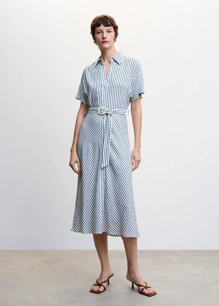 Vestido de rayas de lino estilo camisero de Mango